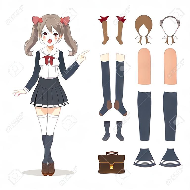 Anime manga schoolgirl in a skirt, stockings and schoolbag. Cartoon character in the Japanese style. Set of elements for character animation
