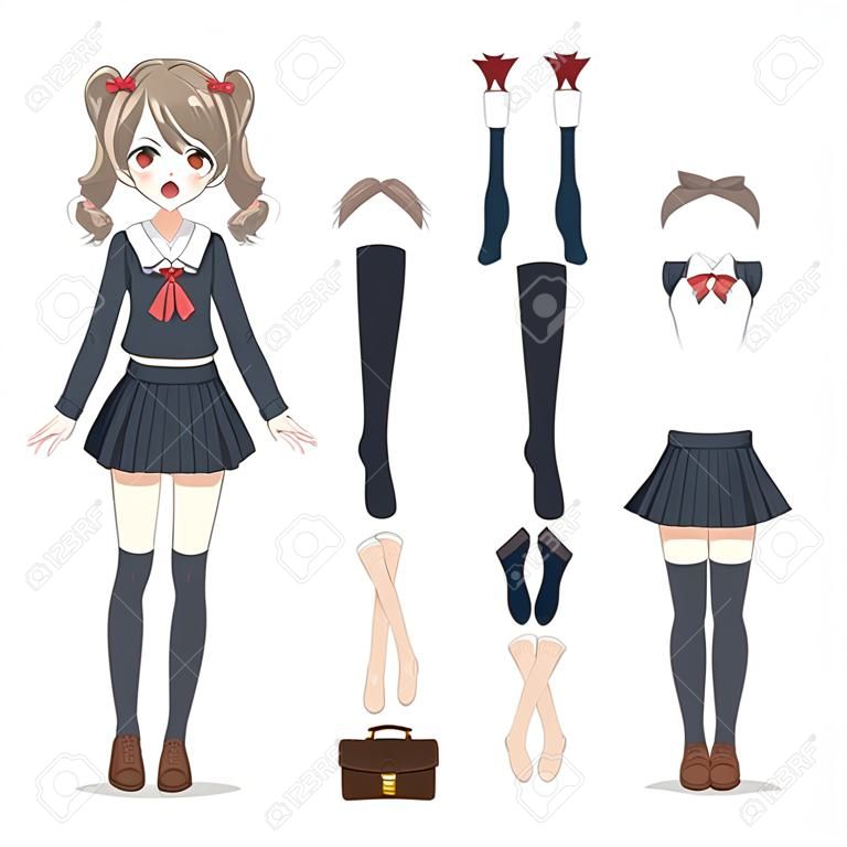 Anime manga schoolmeisje in een rok, kousen en schooltas. Cartoon karakter in de Japanse stijl. Set van elementen voor karakter animatie