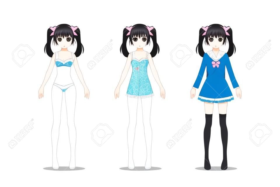 Dziewczyna z anime manga. W koronkowej bieliźnie, staniku, koszuli, szkolnym garniturze z kokardkami. Postać z kreskówki w stylu japońskim.