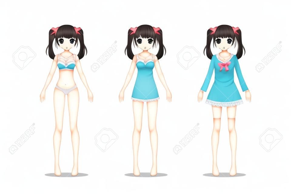 Anime manga girl. En sous-vêtements en dentelle, soutien-gorge, chemise, costume d'école avec des arcs. Personnage de bande dessinée dans le style japonais.