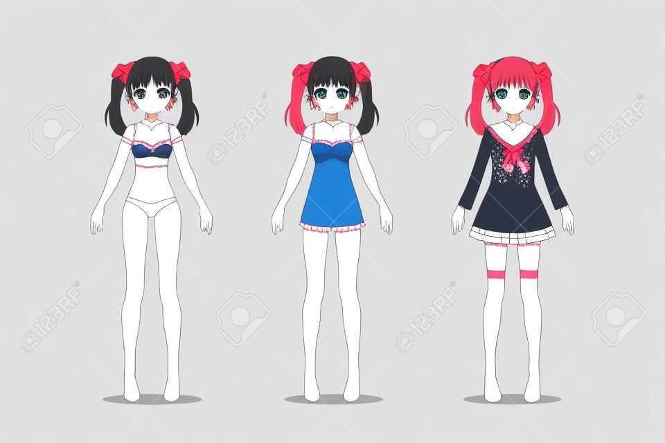 Anime manga girl. En sous-vêtements en dentelle, soutien-gorge, chemise, costume d'école avec des arcs. Personnage de bande dessinée dans le style japonais.
