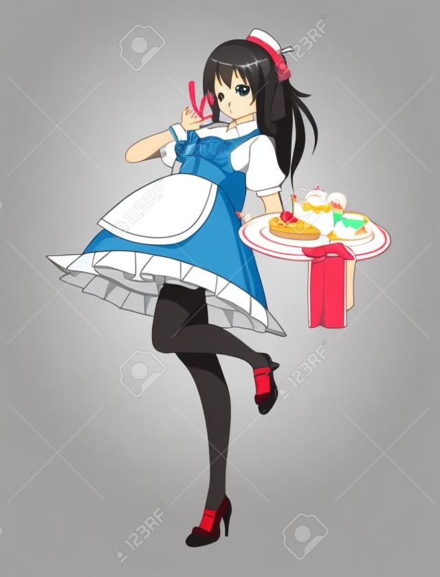Anime-Manga-Mädchen als Dienstmädchen verkleidet. Kellnerin mit einem Tablett mit Süßigkeiten. Vektor-Illustration