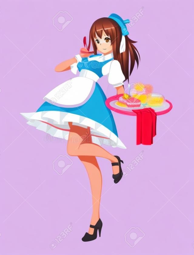 Anime manga girl dressed as a maid. Waitress with a tray of sweets. Vector illustration
