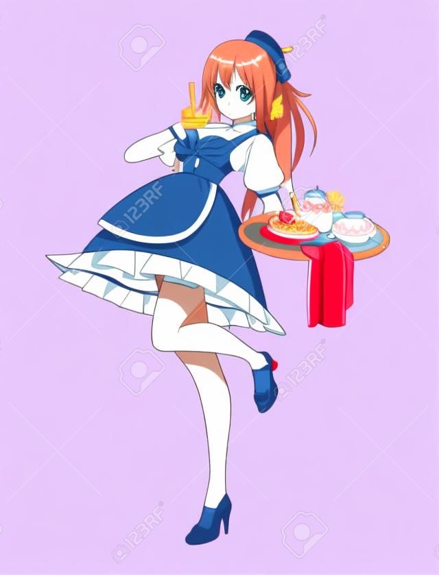 Anime manga girl dressed as a maid. Waitress with a tray of sweets. Vector illustration