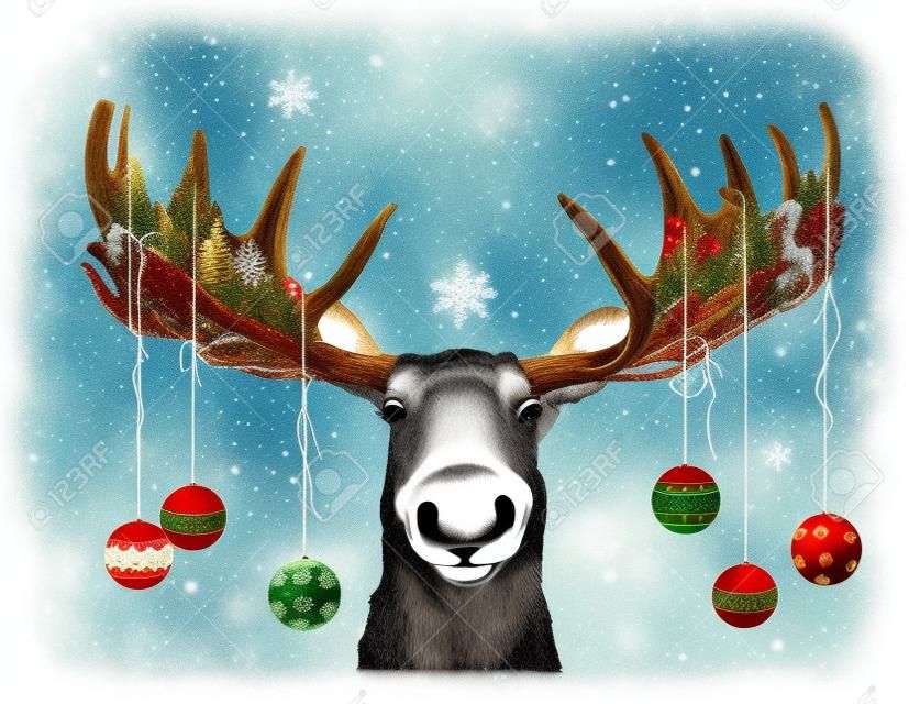 Engraçado Chrismas Moose cena ou cartão com ornamentos pendurados de antlers