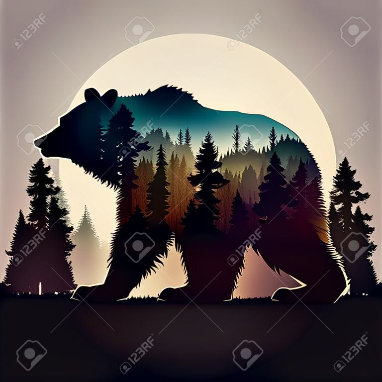 Força um urso com uma imagem de uma floresta. Ilustração vetorial