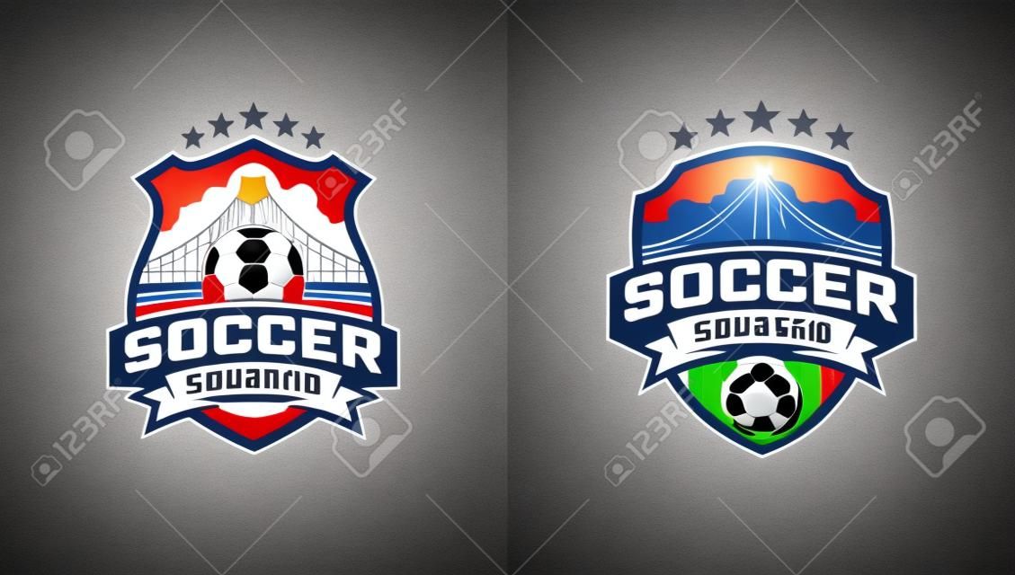 Logo turnieju piłkarskiego z piłką nożną i mostem