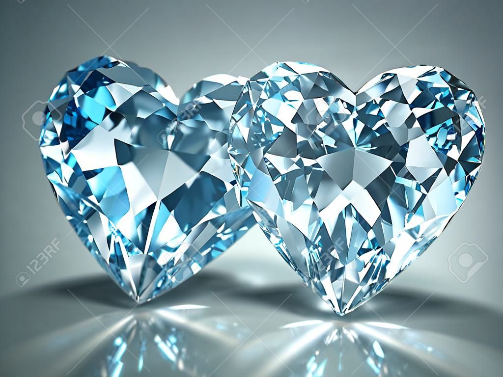 Diamonds jewel heart isolated on light blue background. Beautiful sparkling diamonds on a light reflective surface. High quality 3d render with HDRI lighting and ray traced textures.
