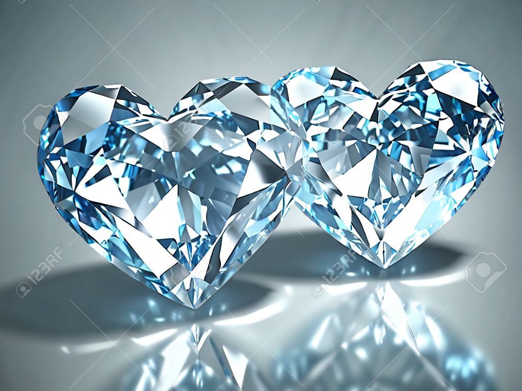 Diamonds jewel heart isolated on light blue background. Beautiful sparkling diamonds on a light reflective surface. High quality 3d render with HDRI lighting and ray traced textures.
