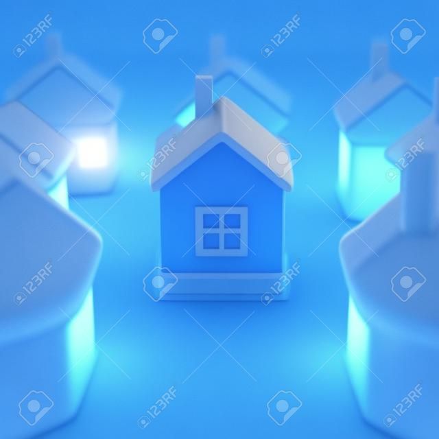 Glowing home on blue background, idea concept. 3d rendering of a lot of houses and a bright house in the middle.
