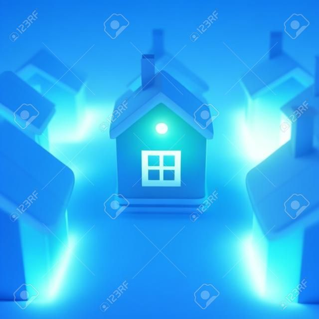 Glowing home on blue background, idea concept. 3d rendering of a lot of houses and a bright house in the middle.