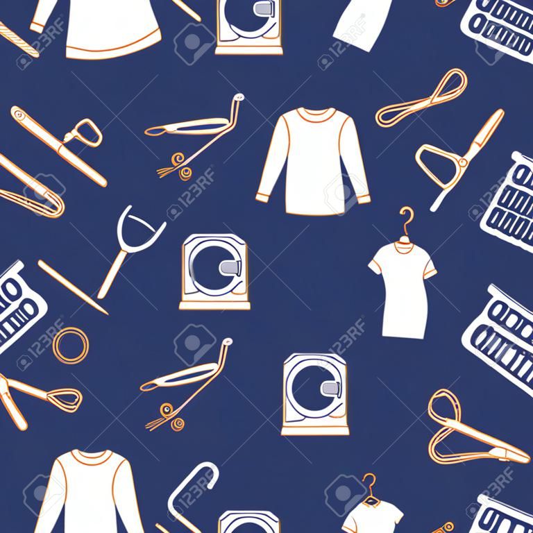 Vector seamless pattern Illustration Dry cleaning, laundry, housekeeping services. Home appliance. Garment washing, launderette. Laundromat service equipment. Restart business in normal operation