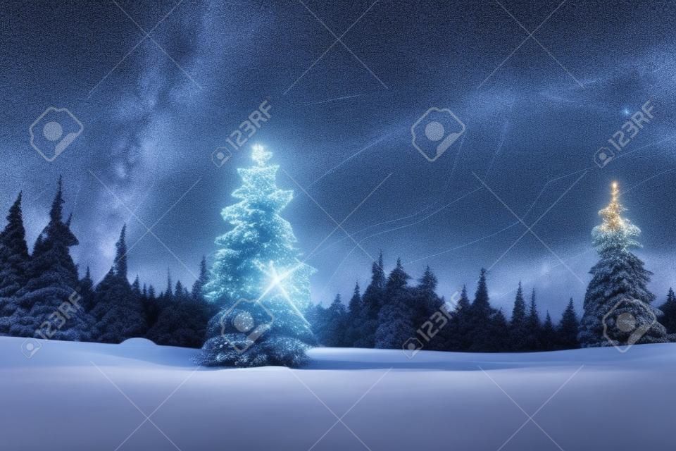 Paisagem do natal do inverno. céu estrelado do inverno. luz mágica da fada. árvore de natal