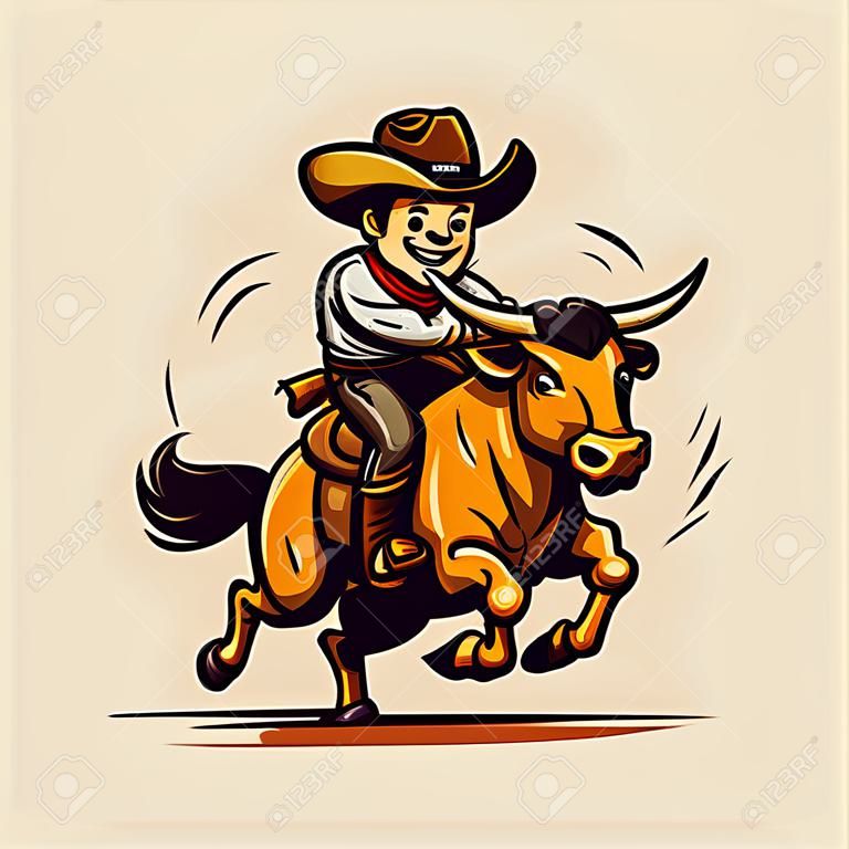 Rodeo. Cowboy riding a bull. Cowboy riding a bull hand-drawn comic illustration. Vector doodle style cartoon illustration
