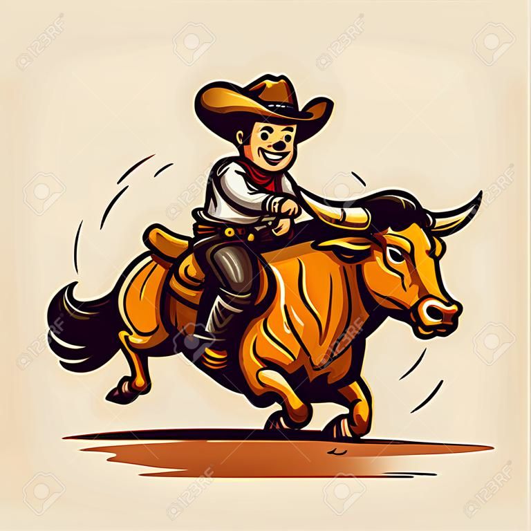 Rodeo. Cowboy riding a bull. Cowboy riding a bull hand-drawn comic illustration. Vector doodle style cartoon illustration