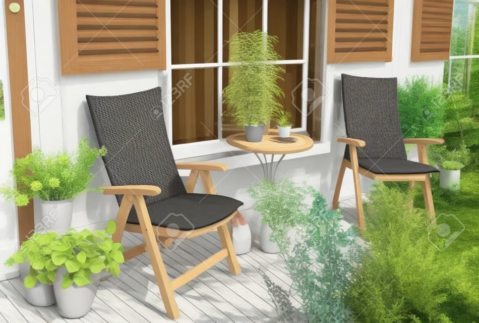 terraço em casa com mesa e cadeiras