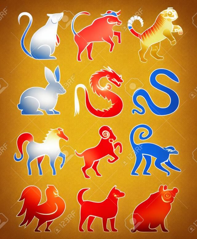 Zestaw stylizowane chińskich Znaki Zodiaku