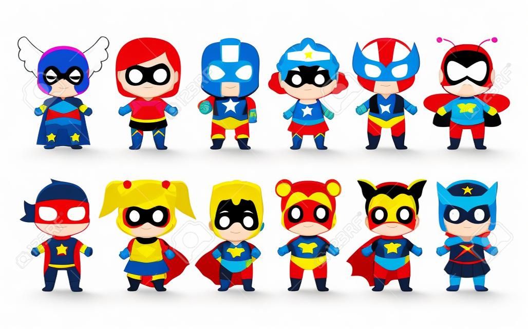 Симпатичные каваи набор супергероев красочные изолированные