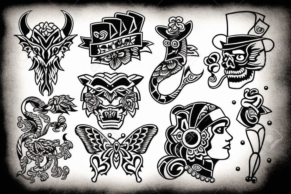 Conjunto de vetores de desenhos de tatuagem da velha escola