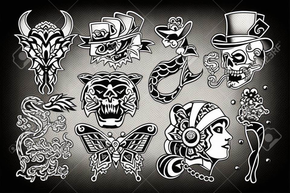 Ensemble vectoriel de dessins de tatouage à l'ancienne