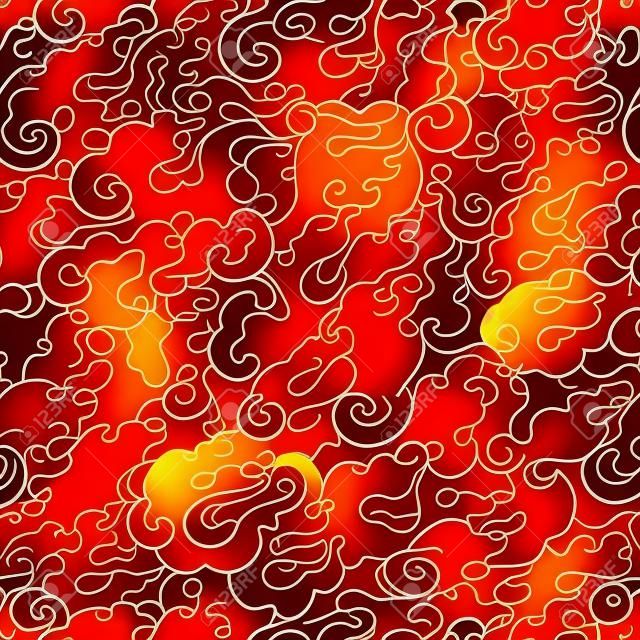 赤い火と抽象的なシームレス パターン。アジアン スタイル。デザイン用テンプレート