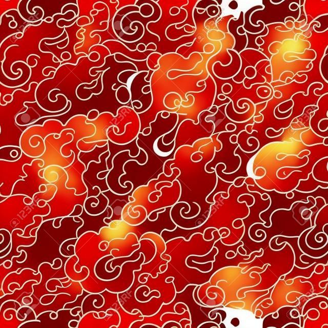 赤い火と抽象的なシームレス パターン。アジアン スタイル。デザイン用テンプレート