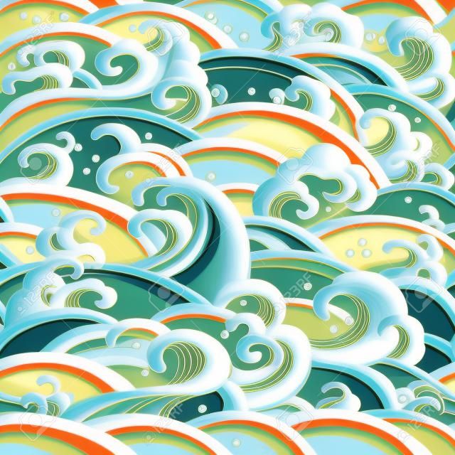 Traditional eastern seamless pattern with waves of water, foam, splashes. sea backdrop