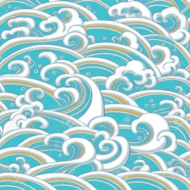 Traditional eastern seamless pattern with waves of water, foam, splashes. sea backdrop