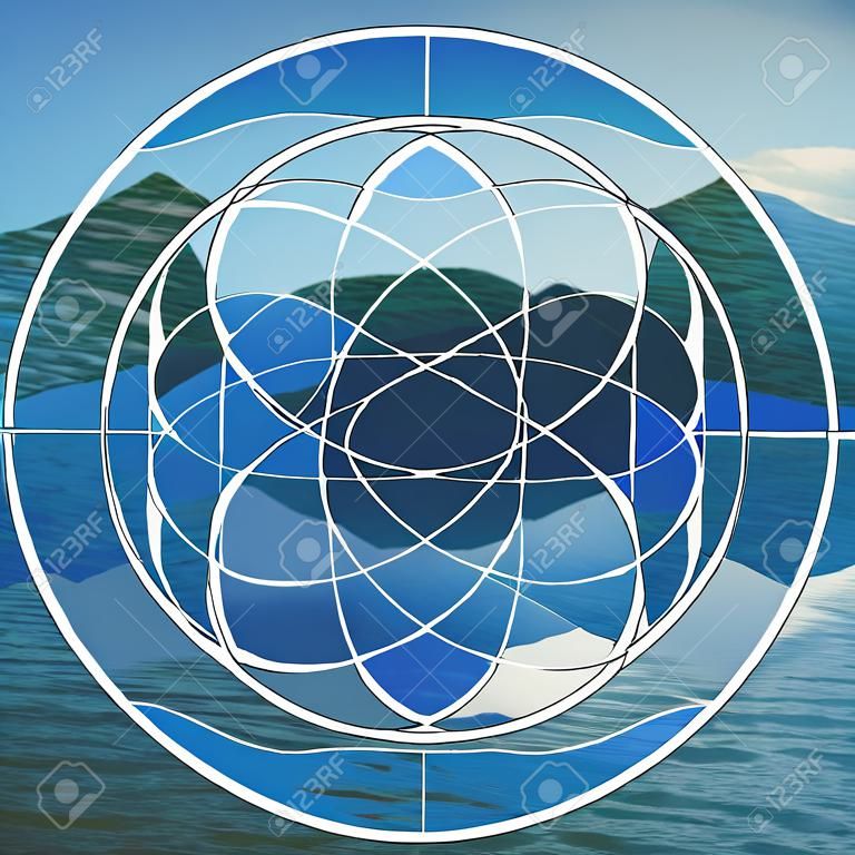 Abstract background with the image of the lake, mountains and the sacred geometry symbol. Harmony, spirituality, unity of nature. Collage, mosaic.