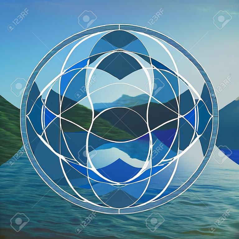 Abstrakcyjne tło z wizerunkiem jeziora, góry i świętej geometrii symbolu. Harmonia, duchowość, jedność natury. Kolaż, mozaika.