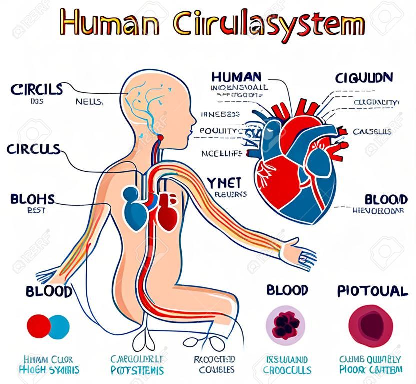 아이들을위한 인간의 순환 시스템. 벡터 컬러 만화 그림. 인간의 심장 혈관 해부학 방식. 혈액 세포의 유형. 인간의 마음의 구조