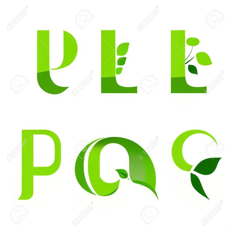 Vector set groene eco letters met bladeren. Ecologische lettertype van J tot R.