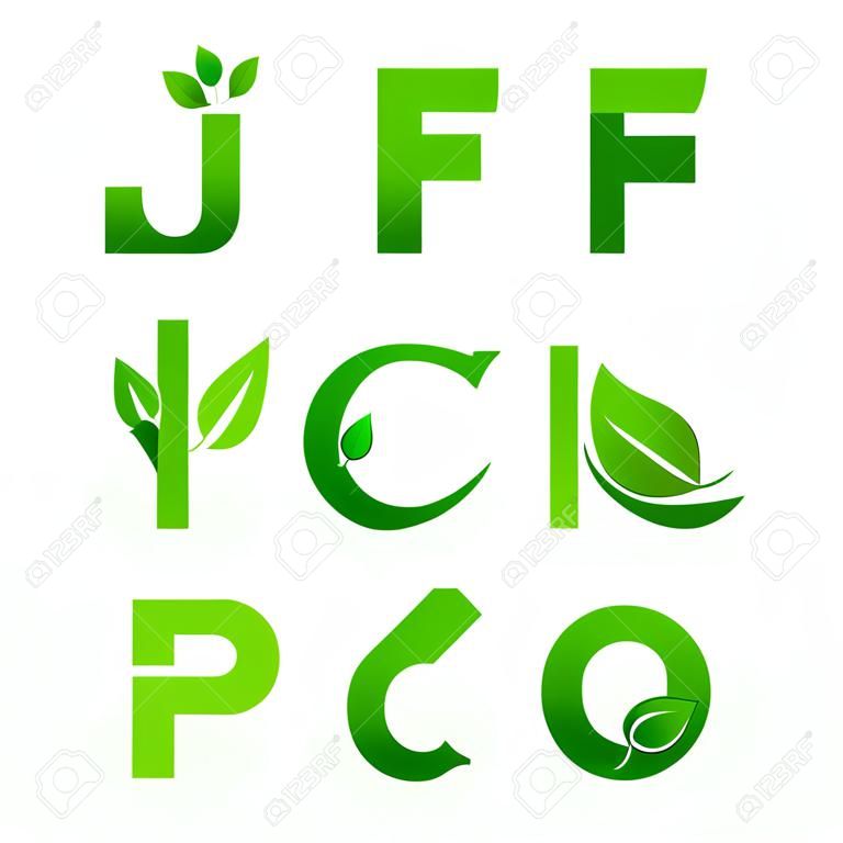 Vector set of green eco letters with leaves. Ecological font from J to R.