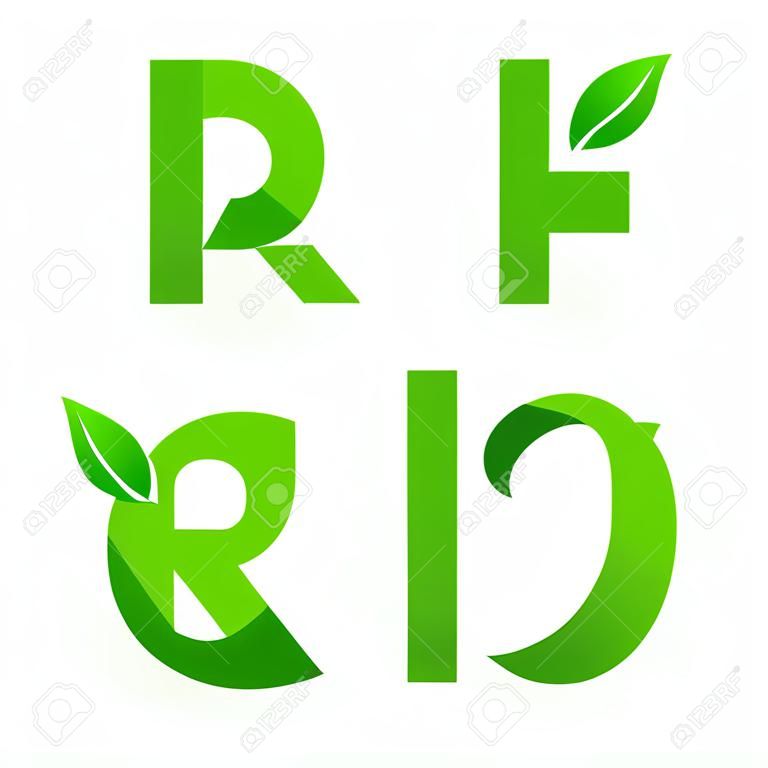Vector set of green eco letters with leaves. Ecological font from J to R.