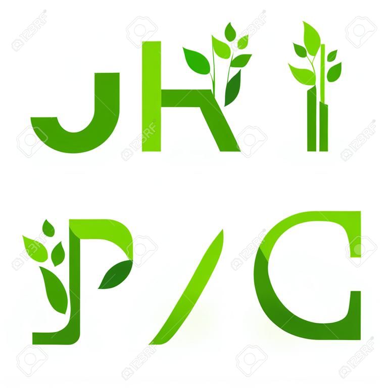 Conjunto de vetores de letras ecológicas verdes com folhas. Fonte ecológica de J a R.