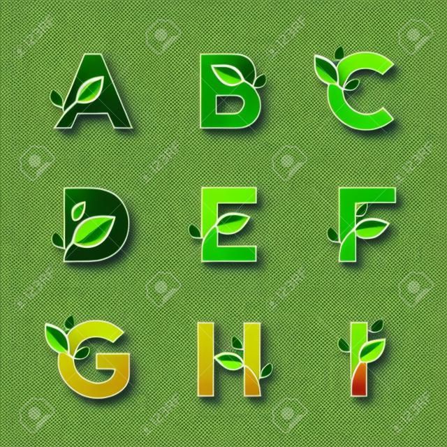 Векторный набор зеленых экологически писем с листьями. Экологический шрифт от А до I.