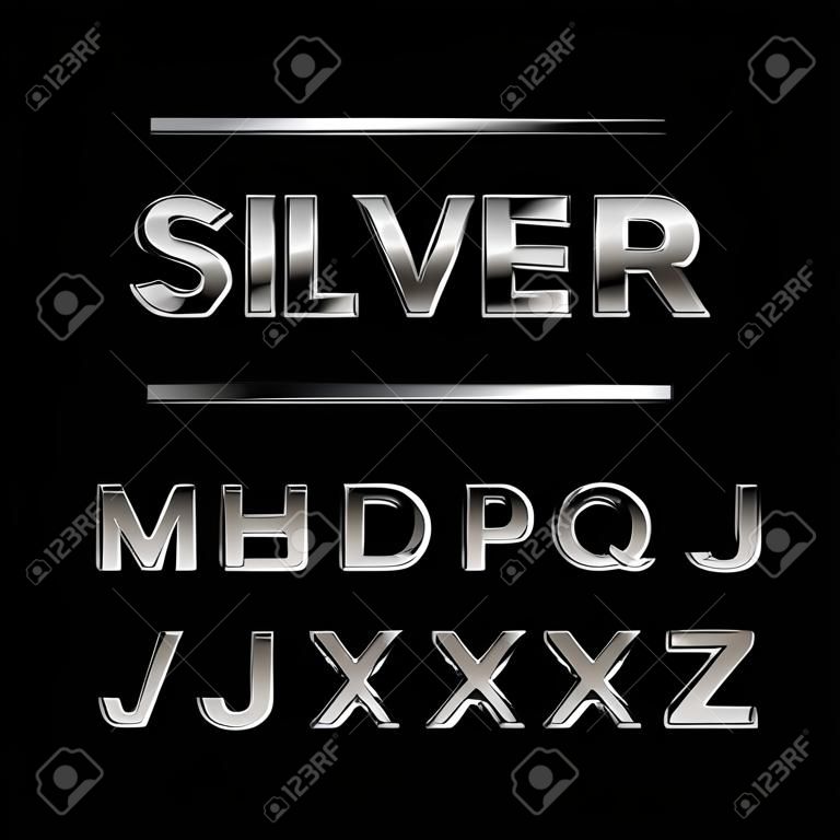 Silver font. Vector alphabet with chrome effect letters.