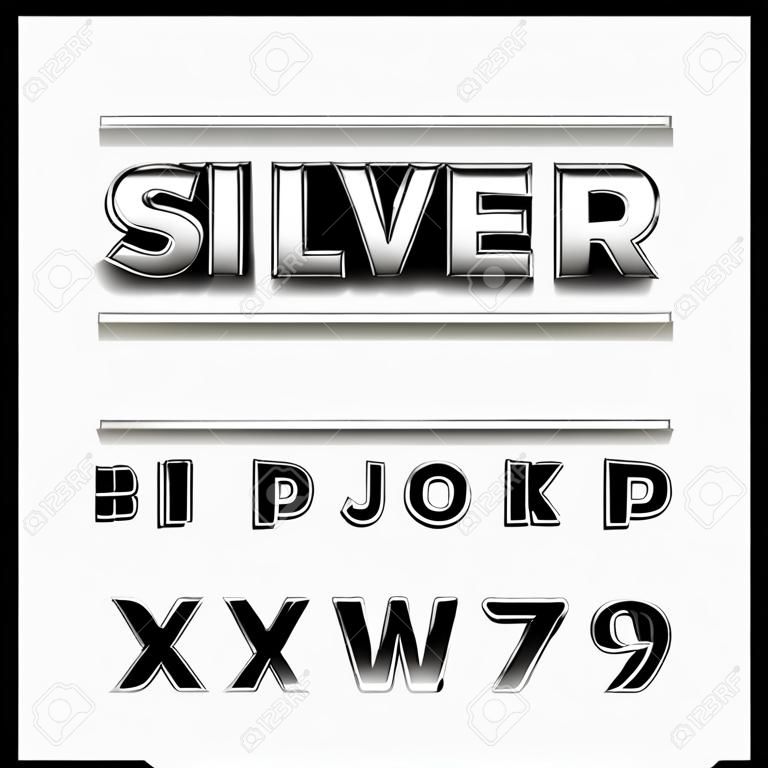 Zilveren lettertype. Vector alfabet met chroom effect letters.
