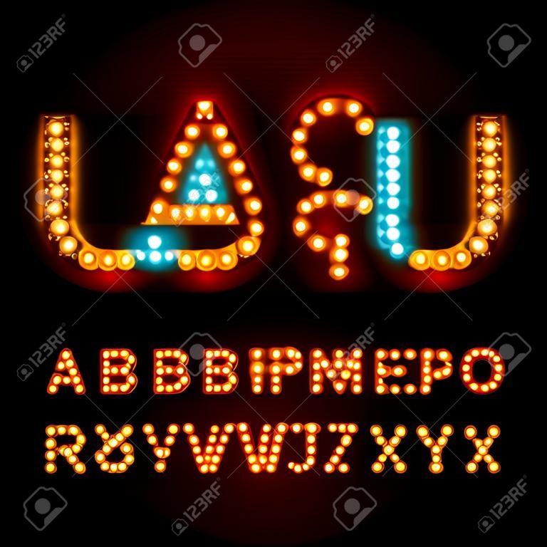 带有赌场效应字母的灯泡字体矢量字母表