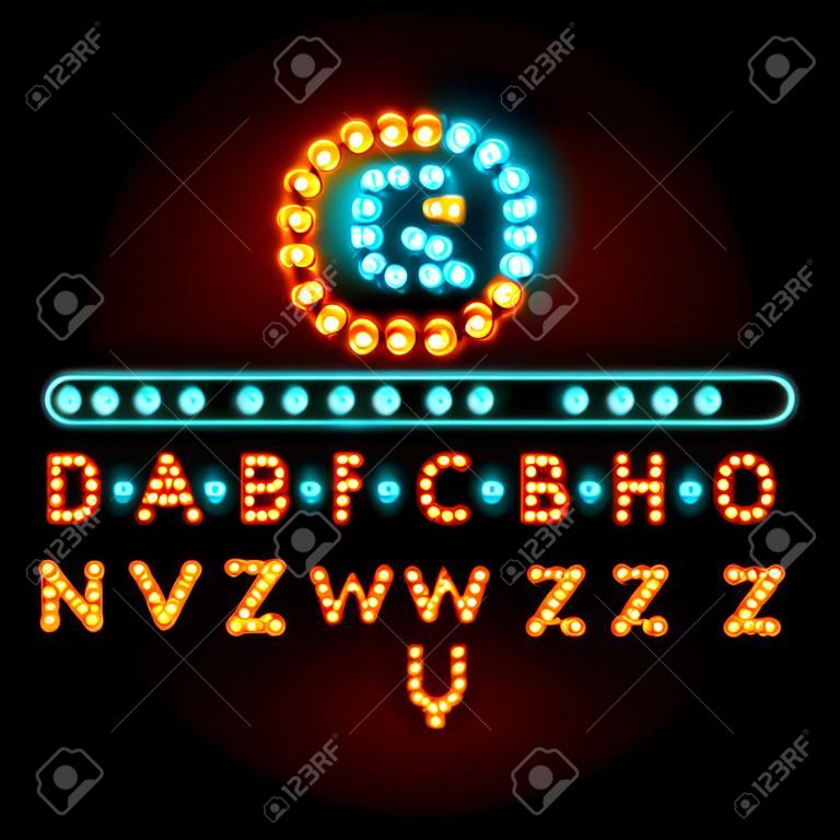 带有赌场效应字母的灯泡字体矢量字母表