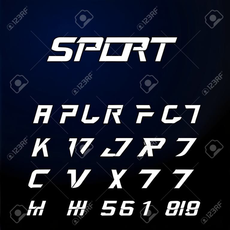 Carattere sportivo. Vettore alfabeto con lettere e numeri latini.