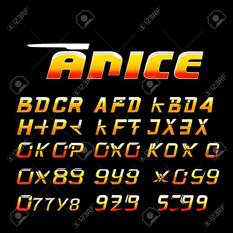carattere sportivo. Vector alfabeto con lettere effetto coda e numeri.