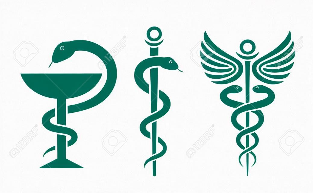 Medical snake vector icons set, caduceus logo isolated on white background