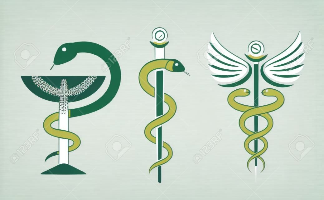 Zestaw ikon wektorowych węża medycznego, logo kaduceusza izolowane na białym tle
