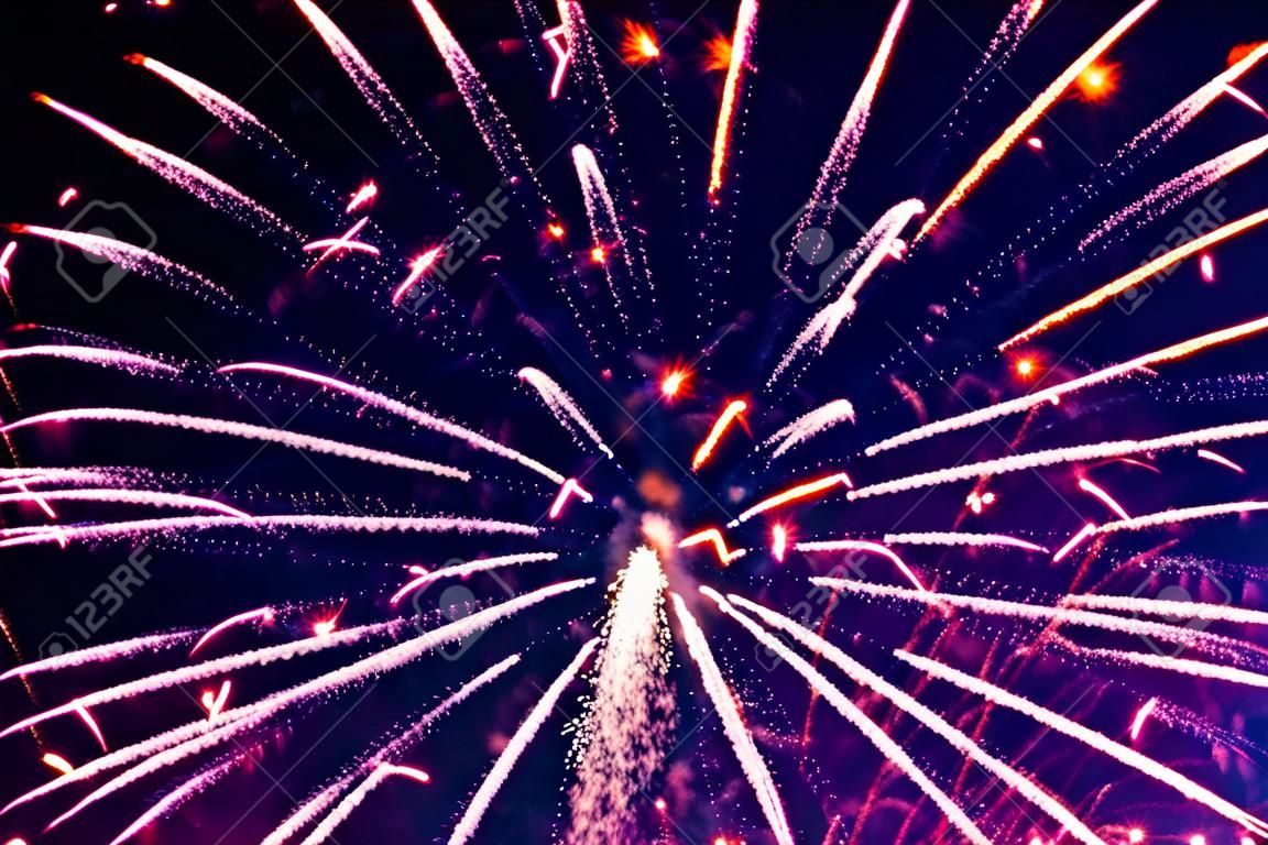 Bright, pink fireworks against the background of the night sky.