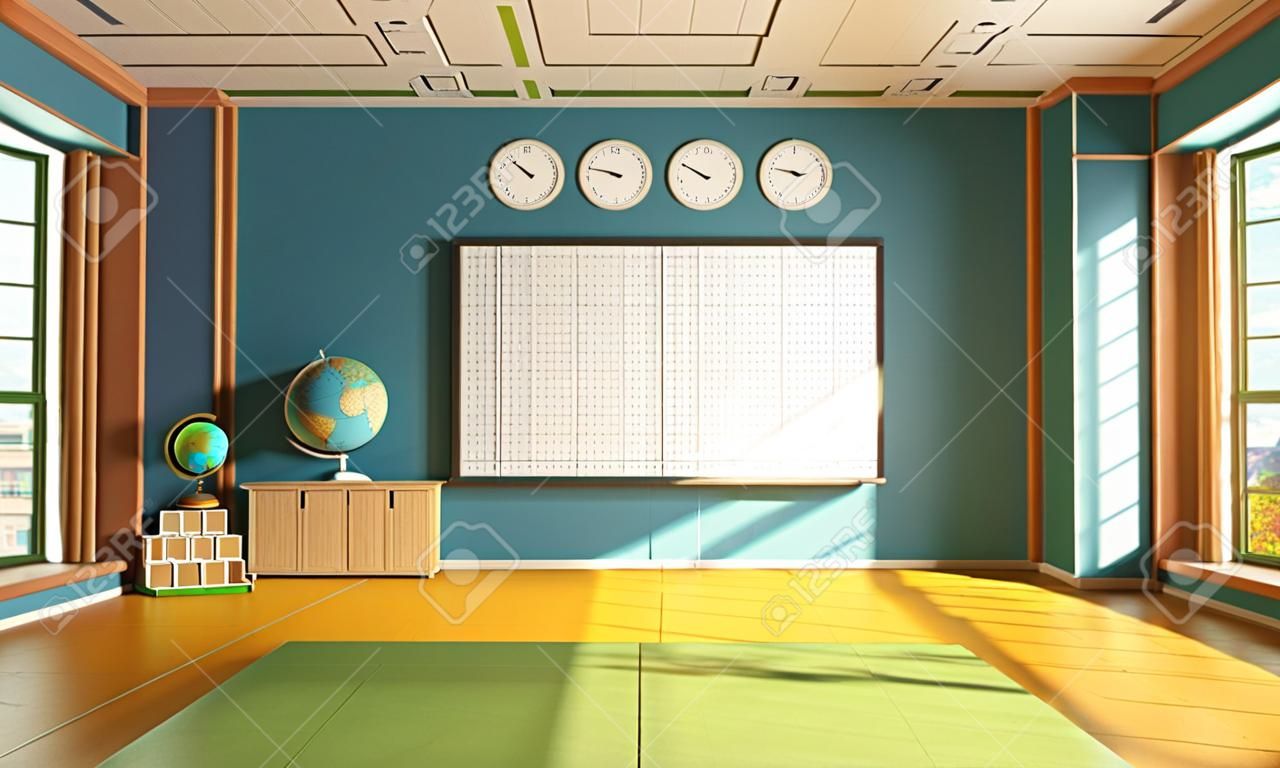 Colorful classroom without student with board,books and globe - rendering