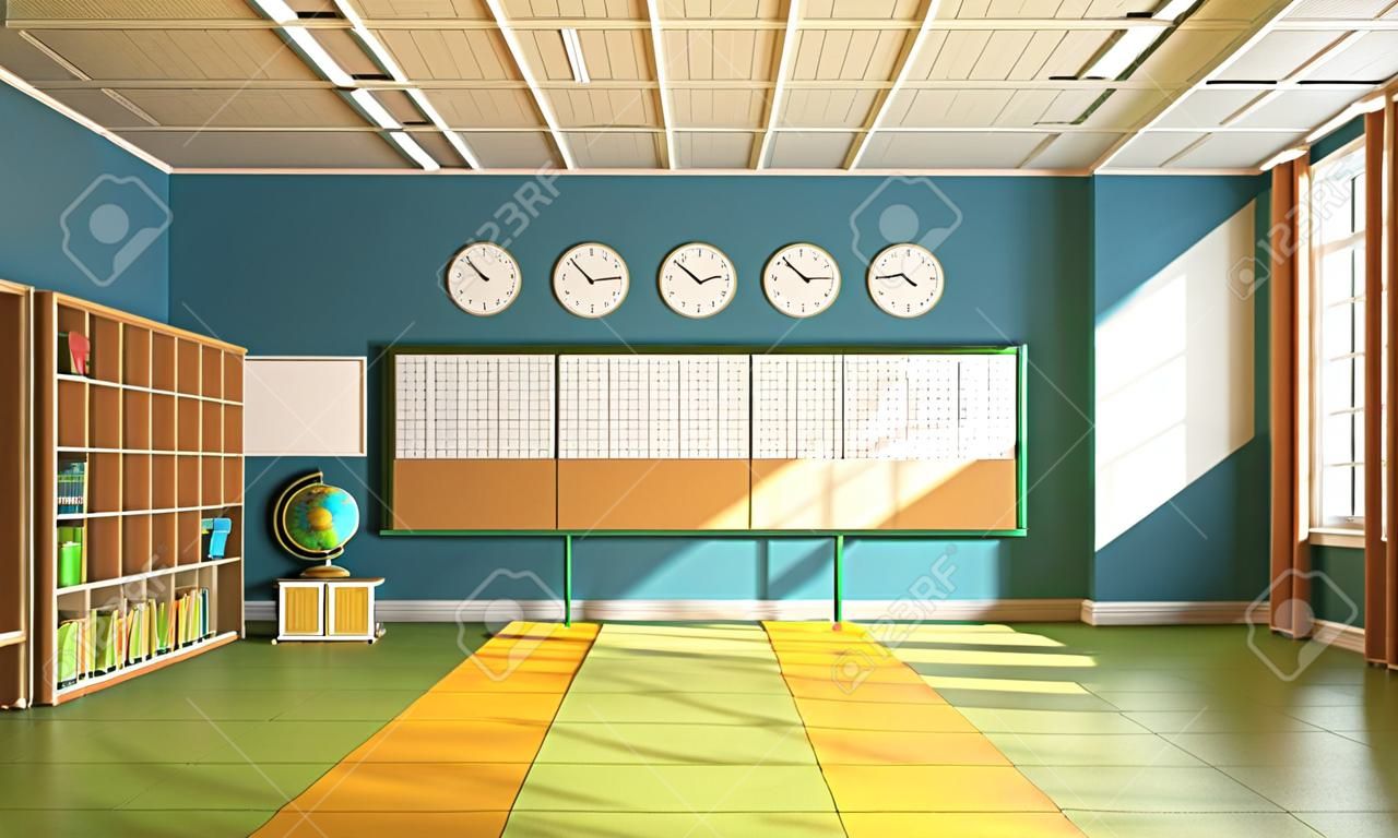 Colorful classroom without student with board,books and globe - rendering