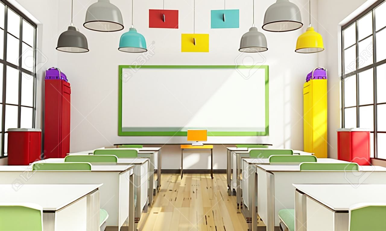 Moderne kleurrijke klaslokaal zonder student - 3D Rendering