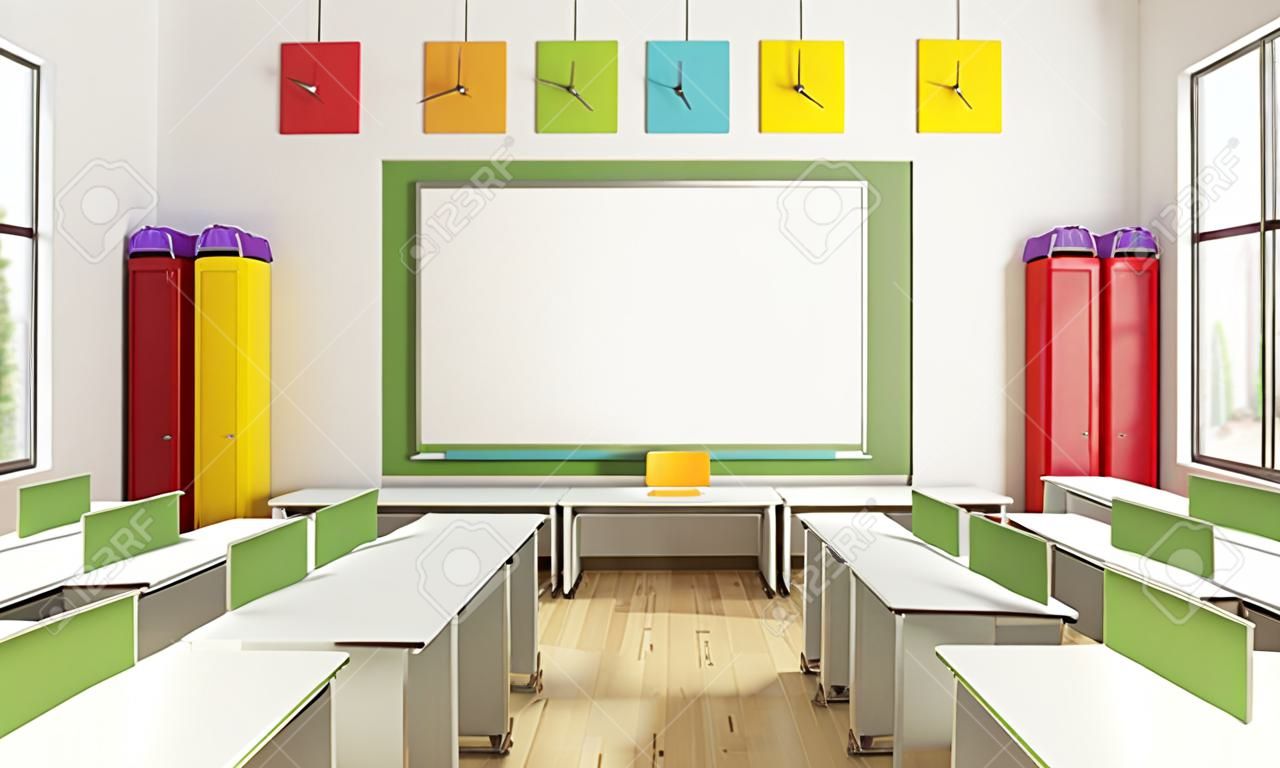 Moderne kleurrijke klaslokaal zonder student - 3D Rendering