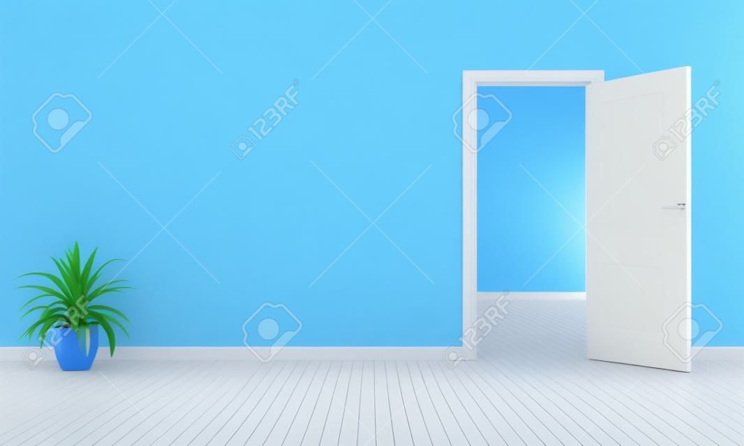 Blauer Raum mit weißen offenen Tür - 3D-Rendering